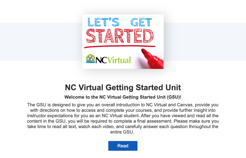 Screenshot of the homepage for the NC Virtual Getting Started Unit with a sign that reads Let's Get Started and a button titled Read that links to the lesson