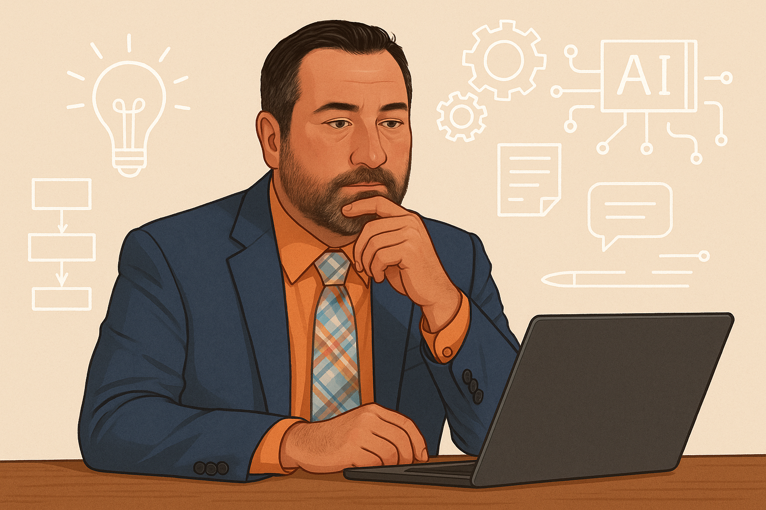 A computer generated picture of Dr. Chris Smith sitting behind a computer reflecting on using AI prompting to improve processes.